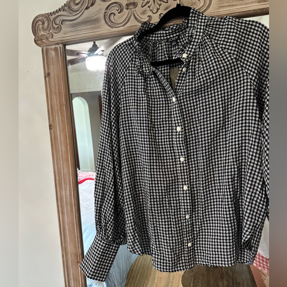 J Crew Ruffleneck button up shirt in plaid soft gauze